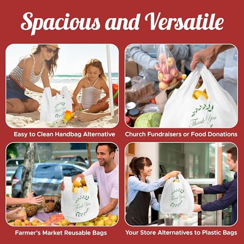 Simply Cool 200 Pack Reusable Thank You Grocery Bags T-Shirt Tote Bags Bulk - color: White - Thank You