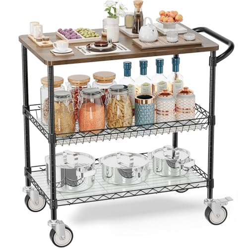Rolling Kitchen Carts with Wheels, 3-Tier Utility Cart with Wood Tabletop - color: Wood-black