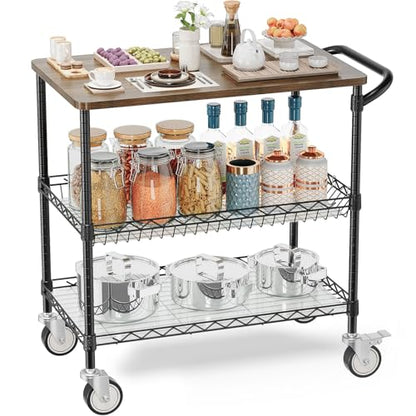Rolling Kitchen Carts with Wheels, 3-Tier Utility Cart with Wood Tabletop - color: Wood-black
