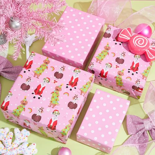 ZINTBIAL Dog Christmas Reversible Wrapping Paper Roll - Gift Wrap with Pink Polka Dots on Reverse - Perfect for Holidays, Pet Lovers & Christmas Gifting - 17.5 in x 33 ft (48 sq. ft) - color: Pink-Christmas