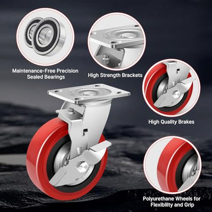 Nefish 6 Inch Industrial Grade Casters Wheels, Heavy Duty Polyurethane Casters Set of 4 with Dual Ball Bearing, Solid Polyurethane Wheel 4500 Lb, Plate Swivel Casters for Cart, Industrial, Machine - style: 6 IN (4 Brakes)