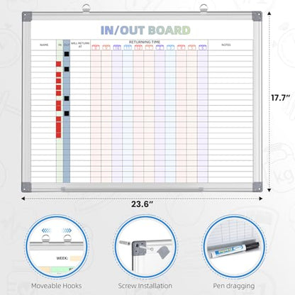 in and Out Calendar Dry Erase Board for Wall with 20 Magnetic Blocks, in/Out Planner for Office Staff Schedule L:24x18 - size: 24" x 18"