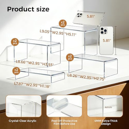 Acrylic Display Risers, 8 Pack Clear Acrylic Stands, 4 Sizes