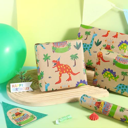 RUSPEPA Dinosaur Wrapping Paper Birthday Boy, Mini Roll, Kraft Wrapping Paper with Dinosaur and Cakes Pattern Designs, Gift Wrap for Kids, Birthday, Party and Holiday, 17 in x 16.4 ft - color: Dinosaur and Cake, size: 17 in x 16.4 ft