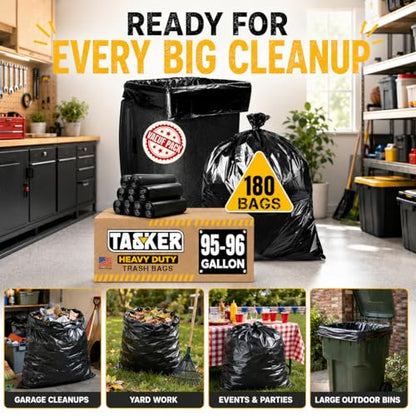 Tasker 95 Gallon Trash Bags Heavy Duty |180 Bags Bulk Pack| 95-96 Gallon, Extra Large XL Black Garbage Bags, Can Liners Fit 90-100 Gallon Cans, Outdoor Yard Waste, Commercial Industrial - size: 180 Count (Pack of 1)