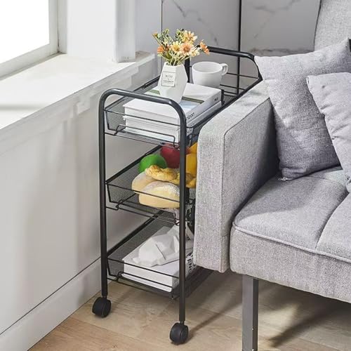 3 Tier Metal Rolling Storage Cart Movable, with Wheels, Black - color: Black