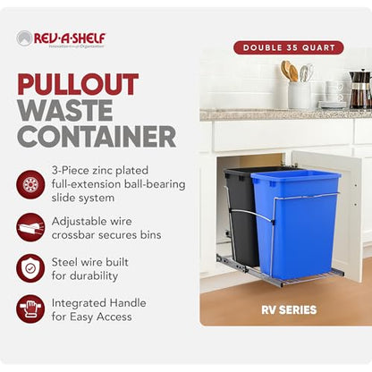 Rev-A-Shelf Double Pullout Garbage Trash Cans for Kitchen Cabinets, 35 Qt - color: Blue & Black