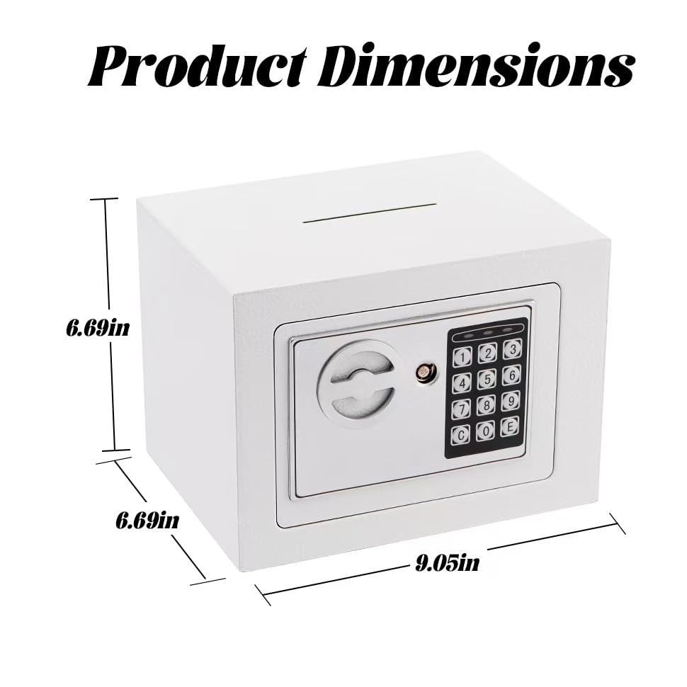 Small Safe Box With Digital Keypad & Keys - 9.05 x 6.7 x 6.7 Inches Wall Safe 0.23 Cuft Mini Security Lock for Coin Home Office Hotel Rooms Business Jewelry Gun (White) - color: White