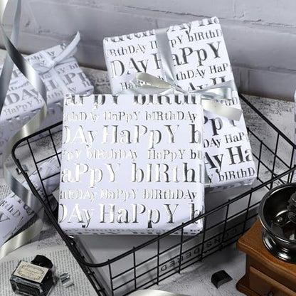 WRAPAHOLIC 3D Kraft Birthday Wrapping Paper Roll - Mini Roll - 17 Inch x 16.5 Feet - Silver and White Happy Birthday Lettering Design with Embossed Perfect for Holiday, Party Celebration - color: White & Silver Happy Birthday, size: 17 inch x 16.5 feet