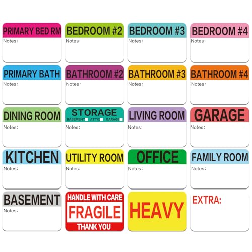 Moving Packing Box Labels for 3-4 Bedroom, 20-Color Coded Moving Stickers