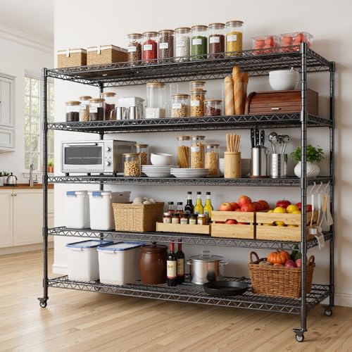 AIRAJ 60” W Storage Shelves Heavy Duty | 5 Tier Wire Shelving | 3500 LBS Metal Shelving | Garage Shelving Units and Storage | Rolling Wire Rack with Wheels | Adjustable Layer Height | 60”W×24”D×72” H - size: 60W