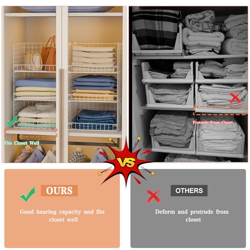 Huxitocan 6-Tier Stackable Closet Organizers and Storage Basket - Foldable Closet Shelf Organizer System, Sturdy Metal Space-Saving Clothes Storage Bins for Wardrobe, White(Patent Pending) - size: 6-Tier