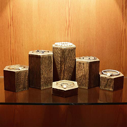 MOOCA 6-Piece Wood Hexagon Jewelry Display Stand Risers for Accessories - color: Brown, 6 Pieces