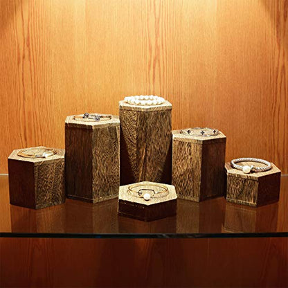 MOOCA 6-Piece Wood Hexagon Jewelry Display Stand Risers for Accessories - color: Brown, 6 Pieces