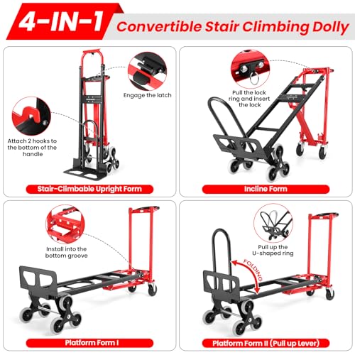 4-in-1 Hand Truck Dolly/Stair Climbing Cart,Convertible Platform Cart Red - color: Red