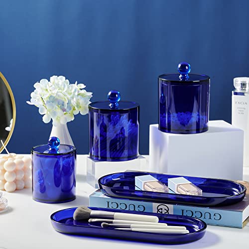 SheeChung 3 PCS Qtip Holder Bathroom Set with Tray, Acrylic Apothecary Jars - color: Blue