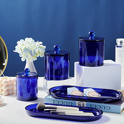 SheeChung 3 PCS Qtip Holder Bathroom Set with Tray, Acrylic Apothecary Jars - color: Blue