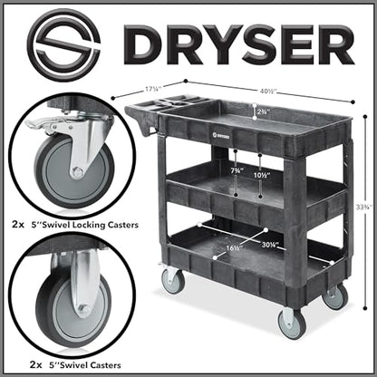 Dryser Utility Cart with Wheels, 40" x 17" Heavy Duty 550 lb. Capacity with Shelves - 3 Tier Rolling Cart with Two 5" Swivel Casters for Warehouse, Garage, Cleaning - size: 3 Shelves 2 Swivel 40x17