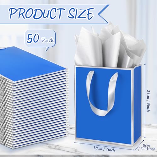 Yeaqee 50 Pcs Metallic Paepr Gift Bags Bulk with Handles,Royal Blue, Silver - color: Royal Blue, Silver