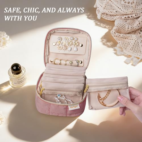 KarSyon Travel Jewelry Case Organizer Boxes with 8 Velvet Zipper Pouches - color: Dark Pink, size: Small