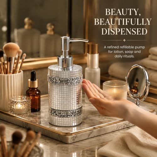 Silver Soap Dispenser，Mosaic Glass Decoration, 12oz Refillable - size: Soap Dispenser