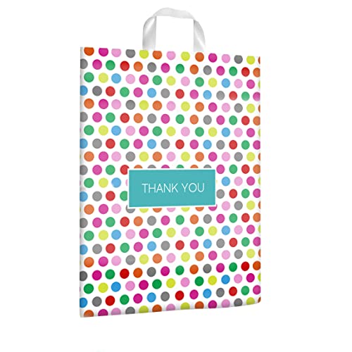 Purple Q Crafts Printed Polka Dot Thank You Bag. 50 PACK 15"x18". Frosted Soft Loop Shopping Bag with Gusset for Merchandise, Boutiques (15"x18") - size: Large 15"x18"