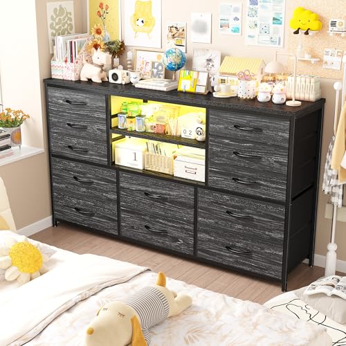 EnHomee Dresser for Bedroom with LED Lights & Charging Station - color: Black