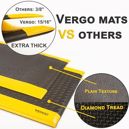 Vergo Industrial 15/16” Extra Thick Anti Fatigue Mat - Heavy Duty Commercial Grade Diamond Plate Ergonomic Standing, Non-Slip Black with Yellow Anti Fatigue Floor Mat for Work, Shop (1-Pack 3' x 5') - size: 1 Pack