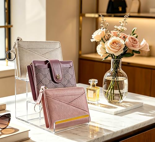 2 Pack 3-Tier Acrylic Wallet Display Stands, Gold Trim Purse Display Stand - size: 3 Tier (2 Pack)