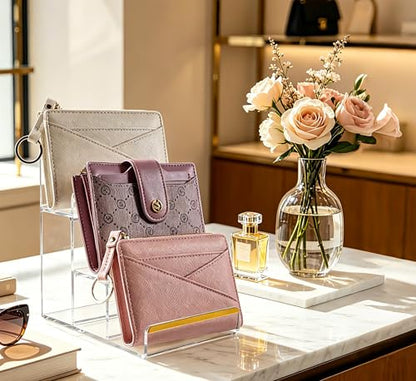 2 Pack 3-Tier Acrylic Wallet Display Stands, Gold Trim Purse Display Stand - size: 3 Tier (2 Pack)