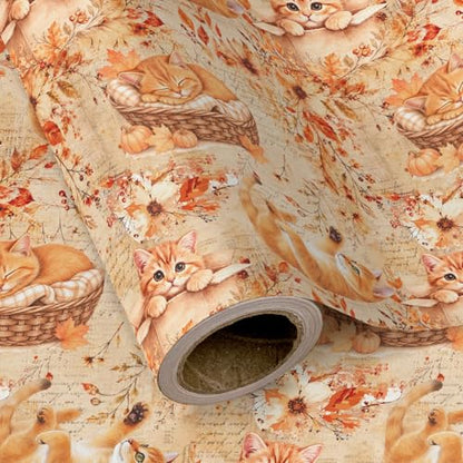 WRAPAHOLIC Kraft Fall Wrapping Paper Roll - Mini Roll - 17 Inch x 16.5 Feet - Cat, Autumn Maple Leaves, Pumpkin Wrapping Paper for Autumn, Thanksgiving, Party, Holiday - color: Cat & Maple Leaves