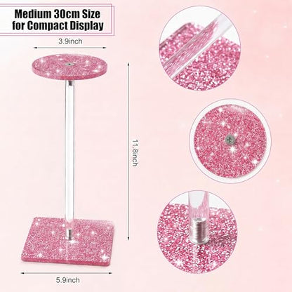 Glitter Pink Acrylic Wig Stand 30cm, Medium Flat Top Tabletop Hat Display Stand for Wigs, Baseball Caps, Fedoras & Lightweight Hats, Sparkle Holder for Vanity, Salon, Boutique - size: Glitter Pink-12Inch-M