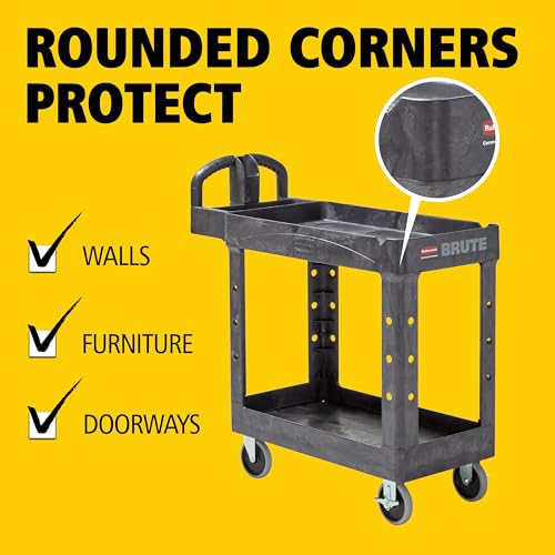Rubbermaid Commercial Products 2-Shelf Utility/Service Cart, Small, Lipped Shelves, Ergonomic Handle, 500 lbs. Capacity, for Warehouse/Garage/Cleaning/Manufacturing - color: Black, size: Small, style: 2-Shelf