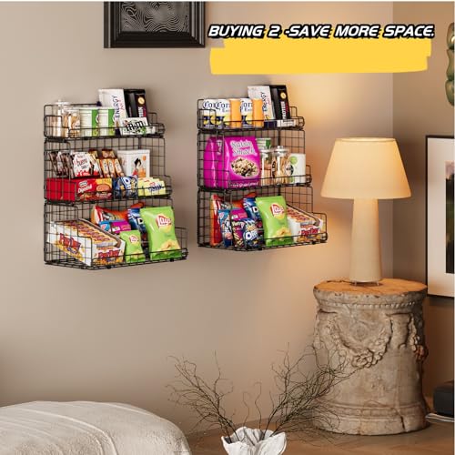 X-cosrack Stackable Wire Basket 3 Tier Countertop& Wall Mounted Metal Storage Basket for Kitchen Pantry Cabinet, Muti-functional Open Front Bin Organizer for Food Fruit Snack, Black