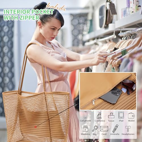 KALIDI Beach Mesh Tote Bag, Casual MAX 23L Summer Foldable Hobo Bag Women - color: Beige Khaki