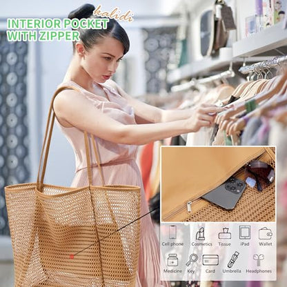 KALIDI Beach Mesh Tote Bag, Casual MAX 23L Summer Foldable Hobo Bag Women - color: Beige Khaki