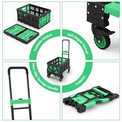 GarveeHome 2-in-1 Folding Hand Truck with Foldable Basket, 330 LB Dolly Cart with 2 Bungee Rope, Convertible Folding Hand Cart with 4 Wheels and Retractable Handle for Luggage, Travel, Moving, Office
