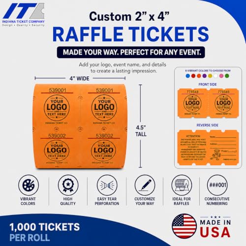 Custom Printed Raffle Tickets, 2x4 Double Roll, 1000 Tickets, Made in USA - size: 2 x 4 (Double)