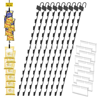 Hanging Chip Clip Strips for Merchandising with Hooks, 32 inch Chip Display Rack Stand 120 Clips Potato Chip Bag Holder with Label Headers Metal Retail Display Rack for Snack Candy 10 Pcs Black - size: 10Pcs-Black