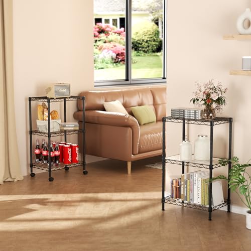 SINGAYE 3 Shelves Storage Shelf Wire Shelving Unit Metal Adjustable Wheels - color: Black, size: 3Tier/11.5"D X 17.5"W X 30.5"H