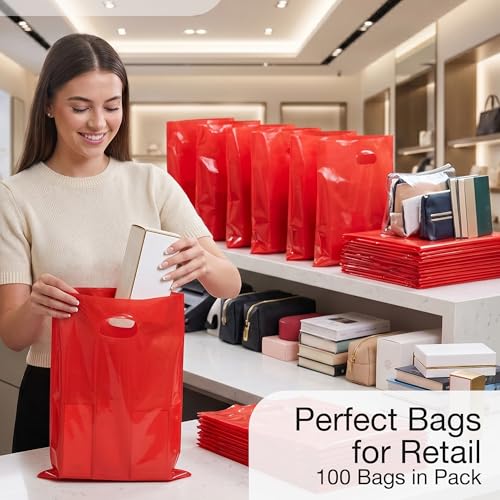 Choice Marts 100 Red Plastic Bags With Handles 12x15 Merchandise Bags - color: Red