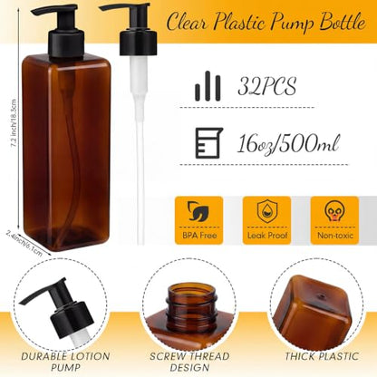 Zubebe 32 Pcs 16 oz Empty Plastic Pump Bottles Lotion Bottles with Pumps Clear Square Lotion Dispenser Refillable Shampoo Container for Massage Oil Liquid Soap Face Cream Moisturizer (Brown) - color: Brown