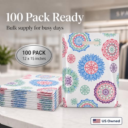 Rainbows & Lilies Mandala Plastic Bags with Handles, White, 100pk, 12x15 in - color: White Mandala Design