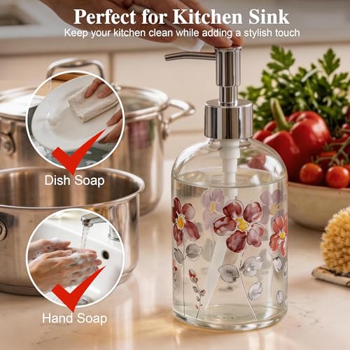 Topadorn 17oz Glass Soap Dispenser with Pump, Watercolor Floral - color: Purple Flower