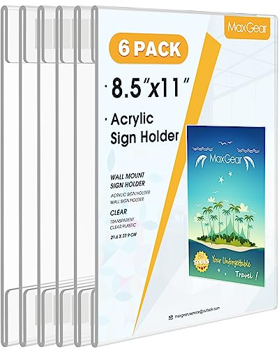 MaxGear Acrylic Sign Holder 8.5 x 11 Wall Mount, 6 Pack, Vertical - size: 8.5"x11"-6Pack