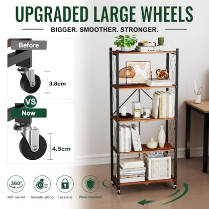 black leopard 5-Tier Foldable Shelf with Wheels, Wood-Grain Steel Shelves