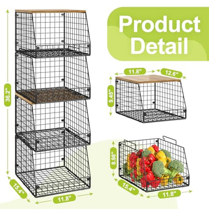 Jakyitvi 4 Pack Stackable Wire Baskets with Fixed Wooden Top, Vegetable Fruit Storage Bins for Onion Potato Snack, Pantry Baskets for Kitchen Cabinet Countertop, Pantry Organizers and Storage Rack - size: 4 Pack with Wooden Top—Narrow 11.8"W x 15.4" D