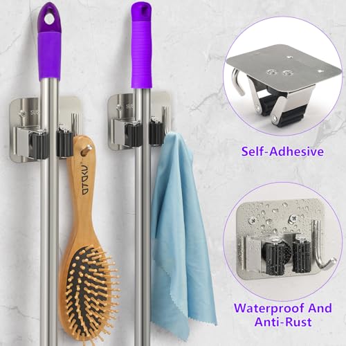 Broom Holder Wall Mount Rack, 304 Stainless Steel Mop and Tool Organizer - color: Silver-Black