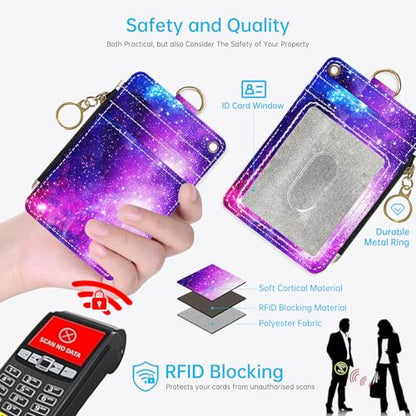 2-in-1 ID Badge Holder & Lanyard Wallet，Cute Zippered Pouch Starry Sky - color: Purple Starry Sky