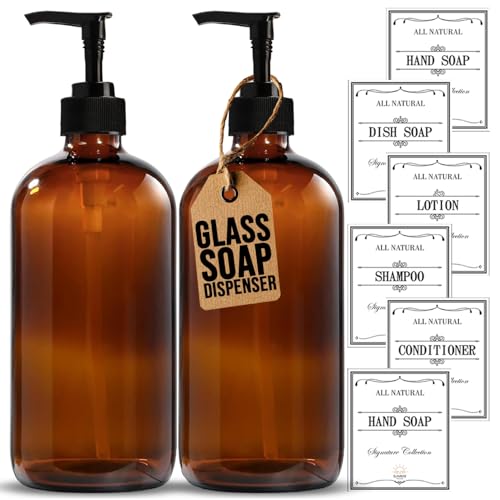 Sunrise Premium Amber Glass Soap Dispenser with Pump, 2 Pack - color: Black Plastic Pump - Amber Glass
